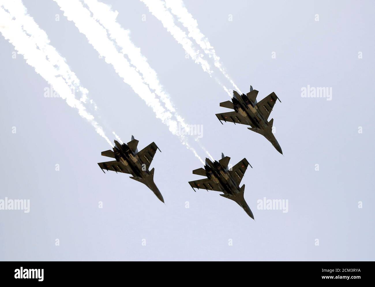 Indian Air Force (IAF) Sukhoi Su-30MKI fighter jets perform as part of an  activity being carried out by the IAF to show gratitude towards the  frontline warriors fighting the coronavirus disease (COVID-19)