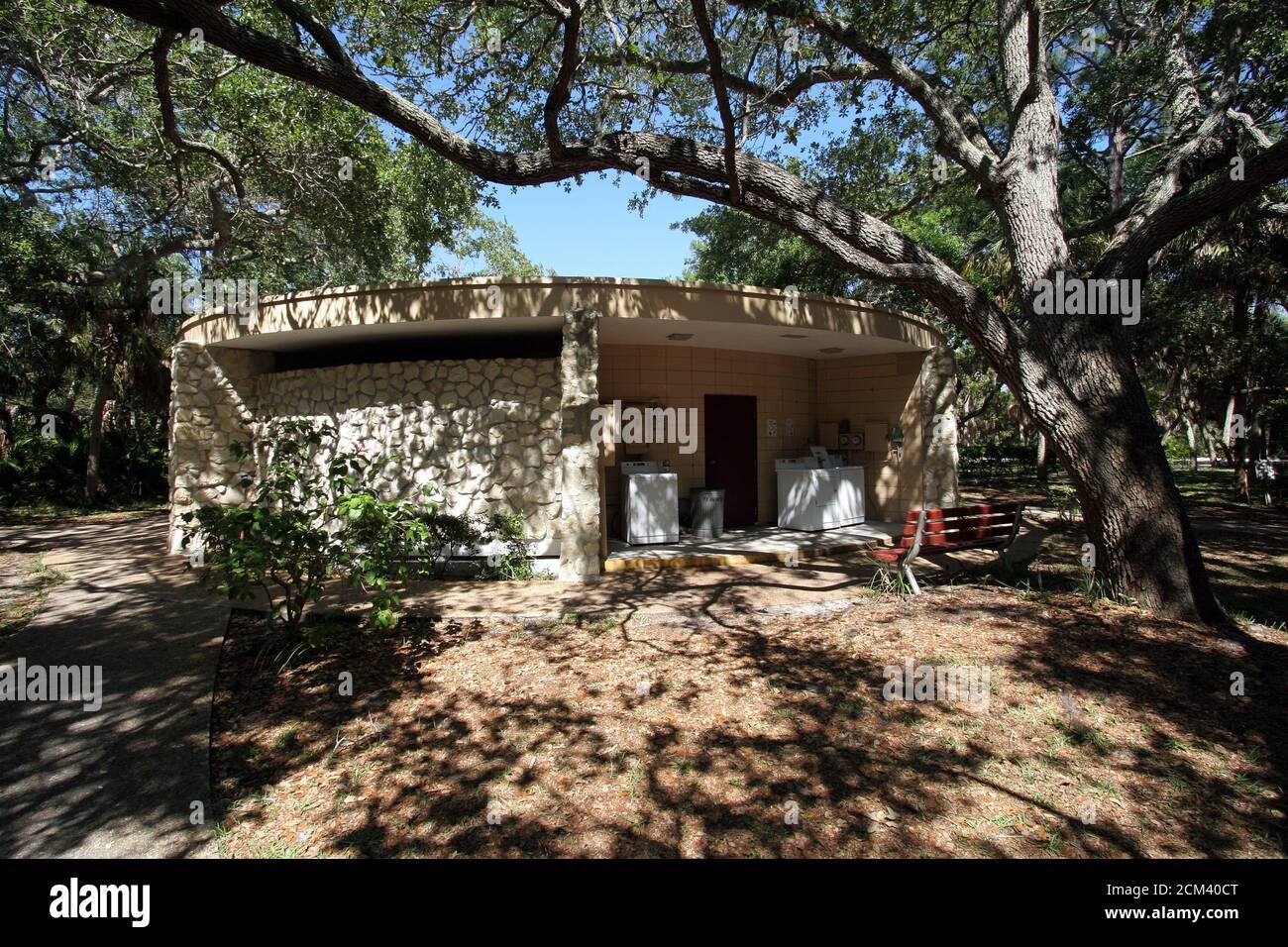 Showers bathrooms and laundry facilities for tent camp sites in Fort De Soto Park, Florida. Stock Photo