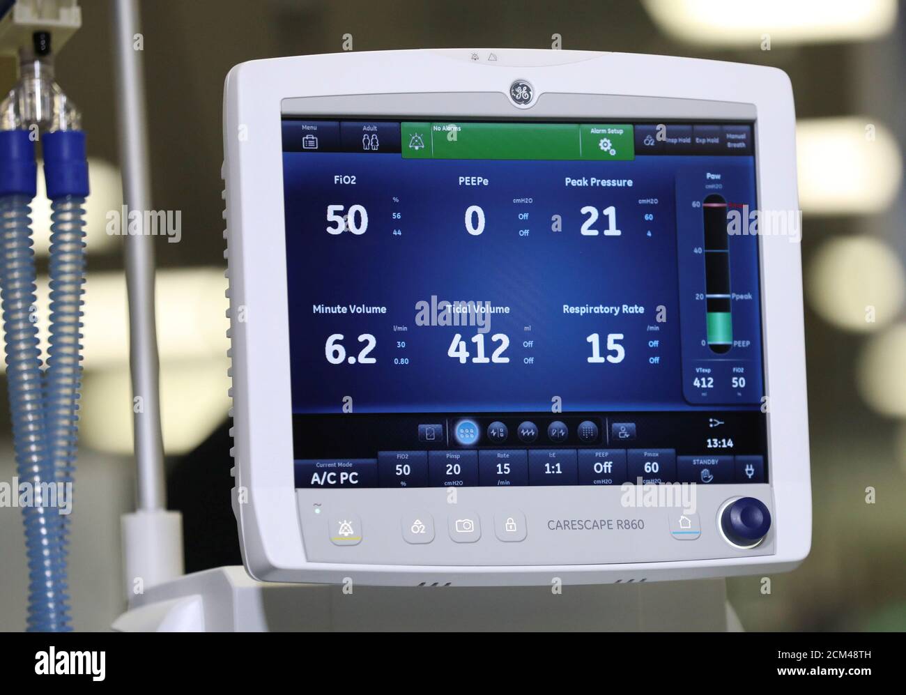 A GE Carescape R860 ventilator is displayed as U.S. Vice President Mike  Pence visits a GE Healthcare manufacturing facility during the global  coronavirus disease (COVID-19) outbreak in Madison, Wisconsin, U.S. April  21,