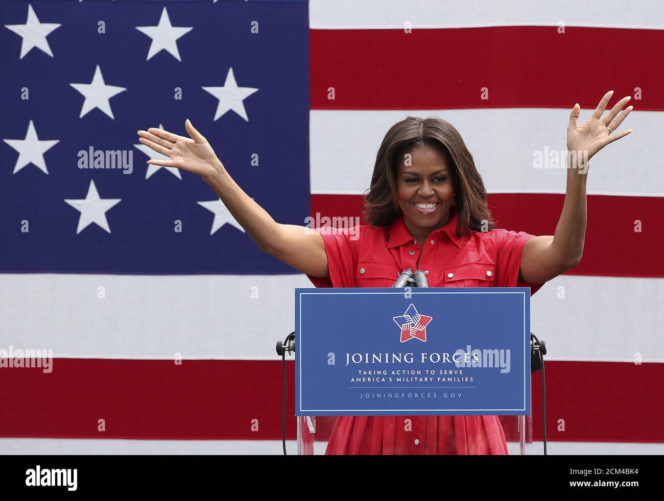 U.S. first lady Michelle Obama gestures during her visit to the U.S. Army Garrison at Vicenza, northern Italy, June 19, 2015.   REUTERS/Stefano Rellandini Stock Photo