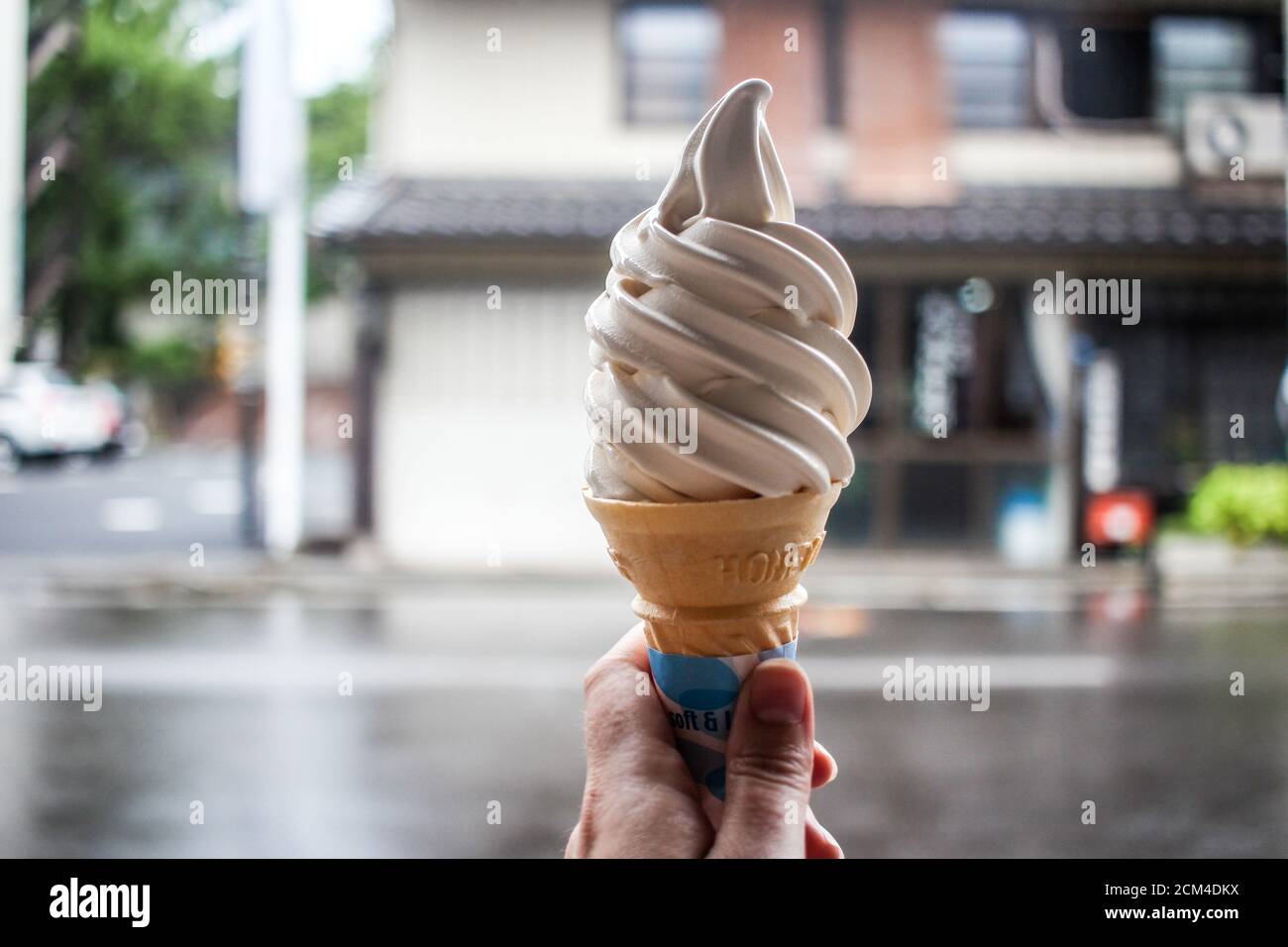 Miso flavoured soft serve ice cream (soft cream) in Nagano Stock Photo
