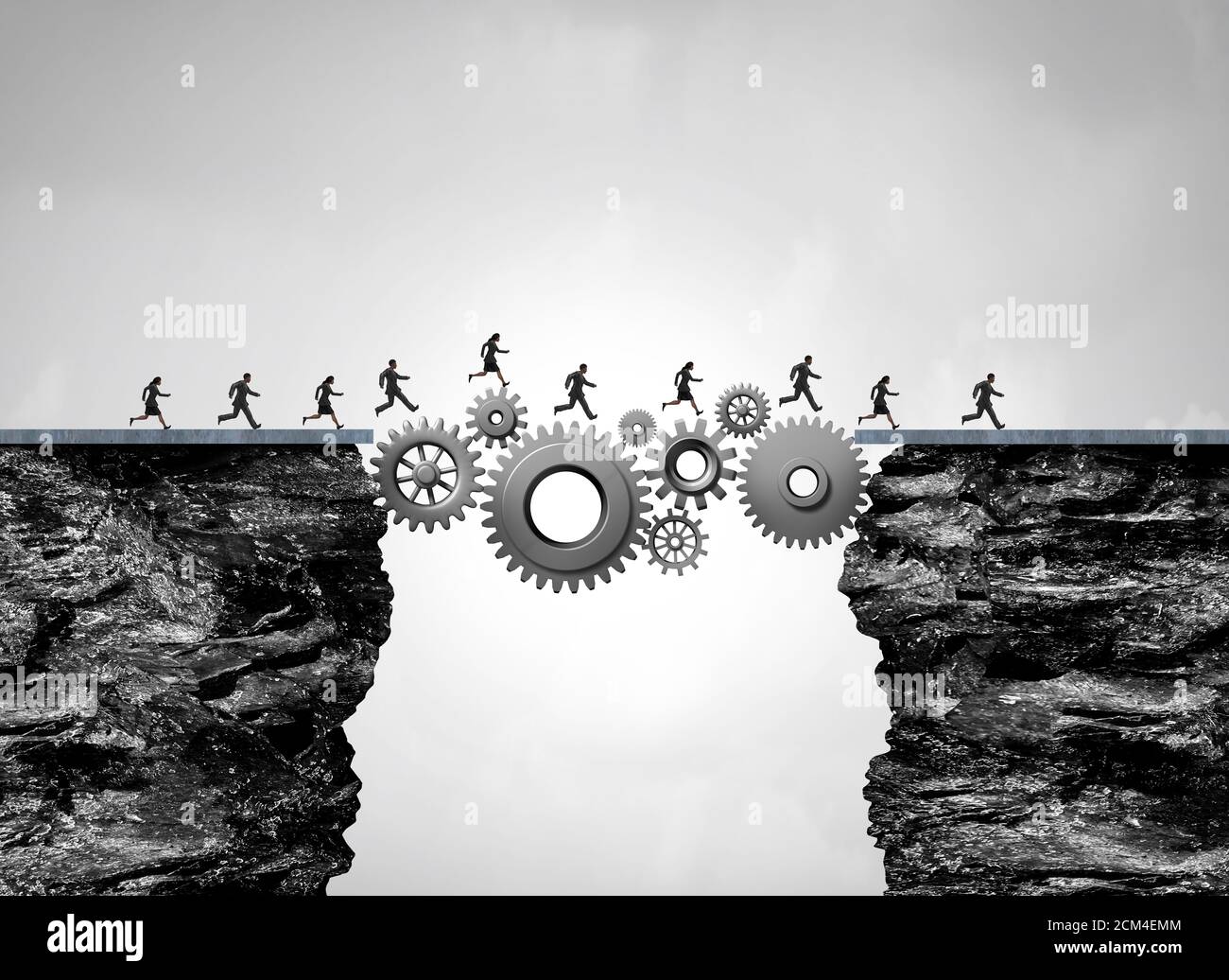Business bridge as an industry success concept as workers or people crossing a path made of gears and cogs with 3D render elements. Stock Photo