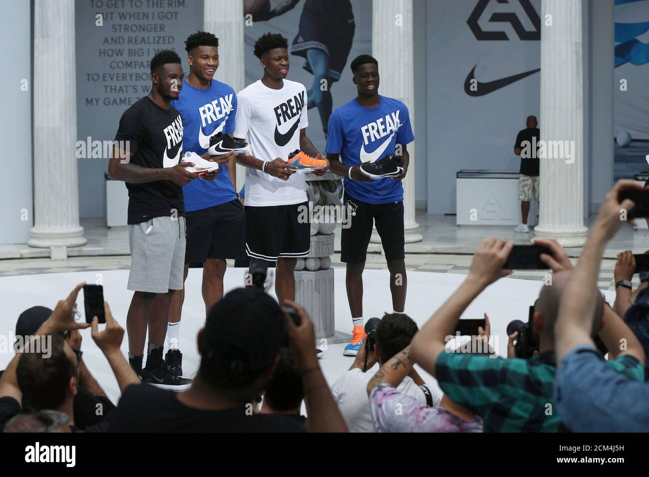 Milwaukee Bucks forward and NBA's MVP Giannis Antetokounmpo poses with his  brothers Thanasis, Kostas, Alex, during an official presentation event of a  Nike Shoe, in Athens, Greece June 28, 2019. REUTERS/Costas Baltas