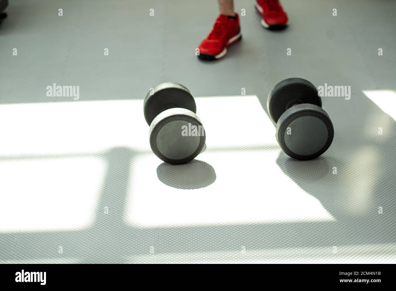 Photo of sport equipment in gym. Dumbbells on floor. Stock Photo