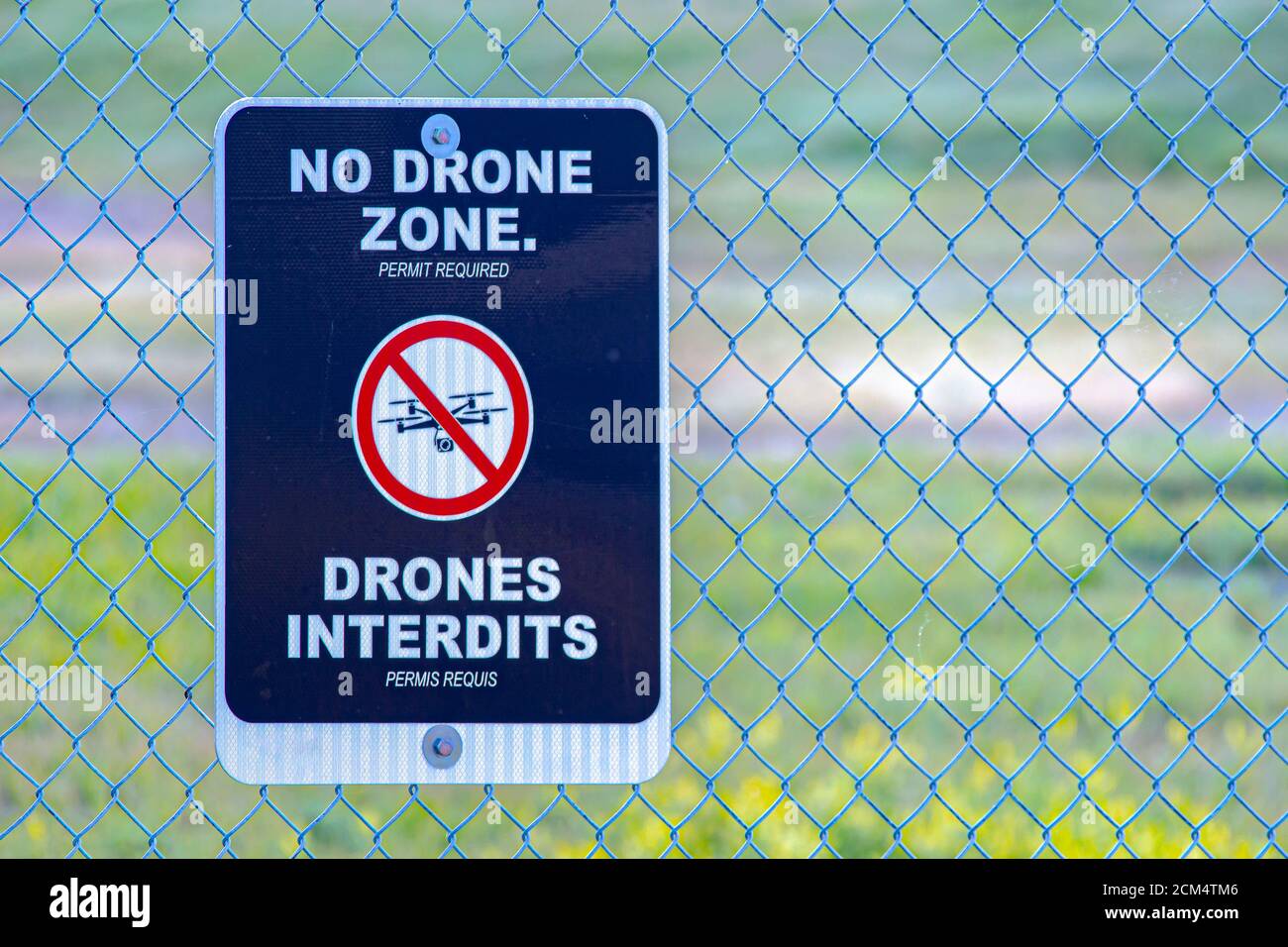 Calgary, Alberta, Canada. Sep 12. 2020. No Drone Zone allow sign at the Calgary Airport in canada. Stock Photo