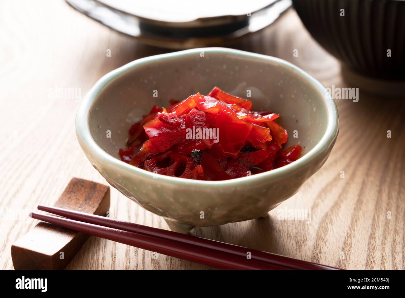 Japanese pickles. Red Fukujinzuke.sliced vegetables pickled in soy