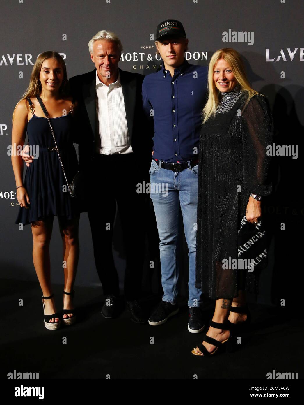 Tennis - Laver Cup - Arrival of players at Gala night - Geneva, Switzerland  - September 19, 2019 Team Europe captain Bjorn Borg poses for a photograph  with his wife Patricia Ostfeldt