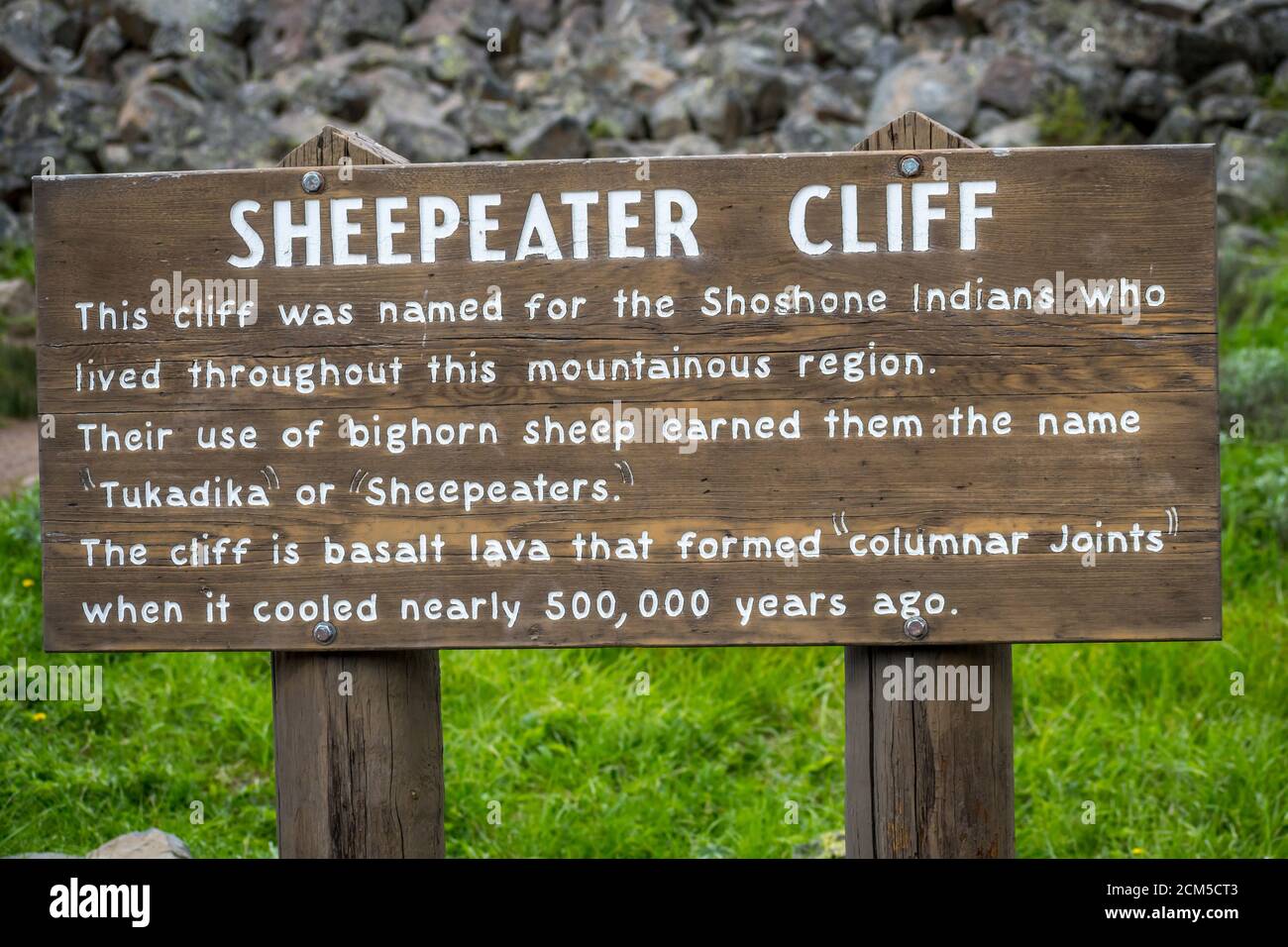 Yellowstone NP, WY, USA - June 23, 2019: The Sheepeater Cliff signage ...