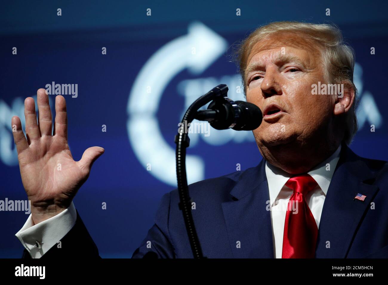 U.S. President Donald Trump delivers remarks at the Turning Point USA Student Action Summit at the Palm Beach County Convention Center in West Palm Beach, Florida, U.S. December 21, 2019. REUTERS/Marco Bello Stock Photo