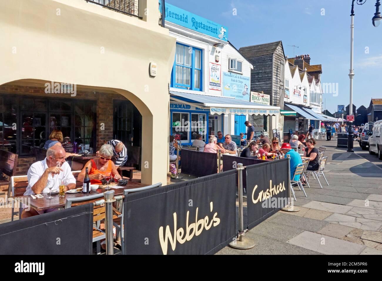 Hastings Webbe's seafront restaurant and seafront cafes, Rock-a-Nore Road, Old Town, East Sussex, UK Stock Photo
