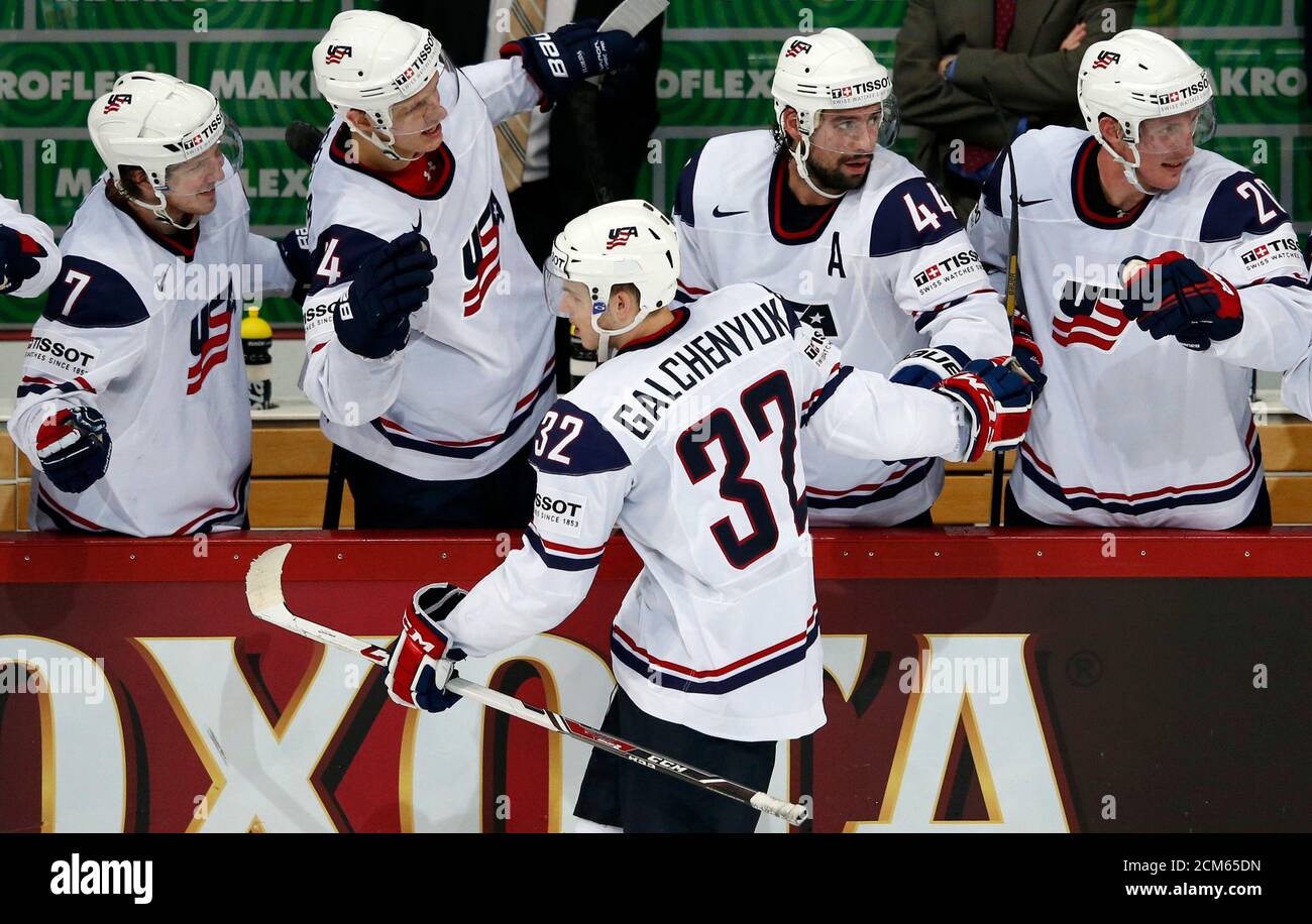 Team Usa S Alex Galchenyuk Front Celebrates His Goal Against Russia With His Teammates On The Bench During Their 2013 Iihf Ice Hockey World Championship Quarter Final Match At The Hartwall Arena In Helsinki