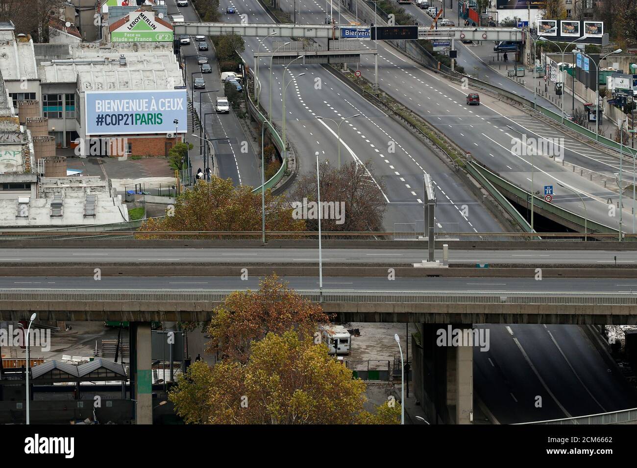 A view shows the Boulevard Peripherique (Paris' ring road) and the A1  motorway without traffic at Porte de la Chapelle in Paris, France, November  30, 2015 due to the opening day events