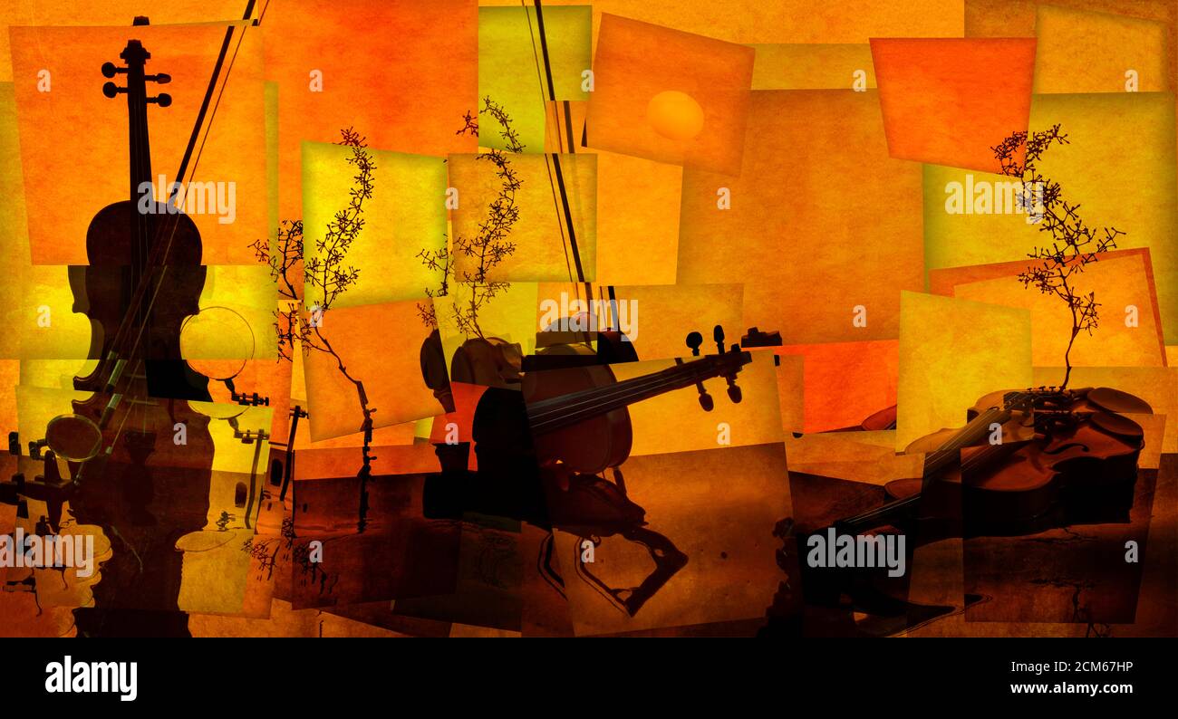 Bright collage of still lifes with violin Indian Summer Stock Photo
