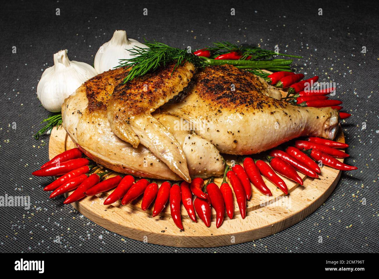 fried chicken, roasted half chicken, served vegetable, yummy, sprinkled with spices, garlic and