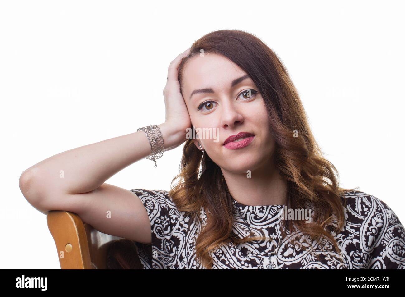 Portrait of a young brunette woman on a white background Stock Photo ...