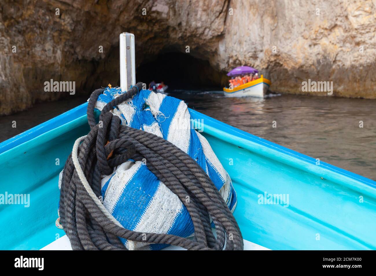 Empty bow of a boat with nautial ropes Stock Photo