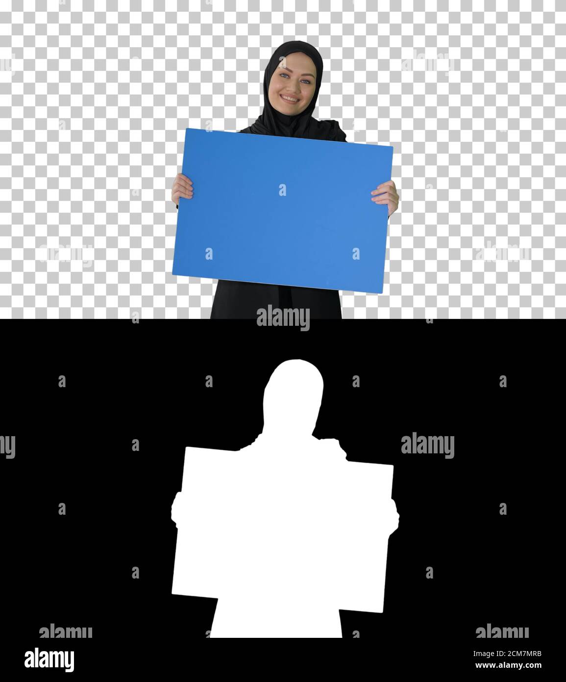 Smiling Arab woman in hijab holding blank blue poster and lookin Stock ...