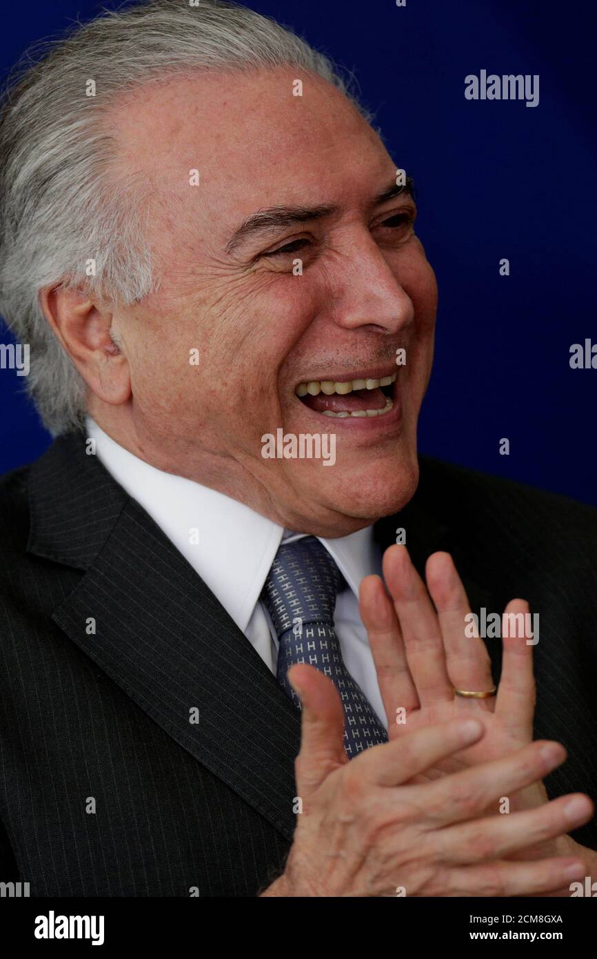 Brazil's President Michel Temer reacts during launch ceremony of the 'New School' (Novo Ensino Medio) at the Presidential Palace in Brasilia, Brazil, September 22, 2016. REUTERS/Ueslei Marcelino Stock Photo