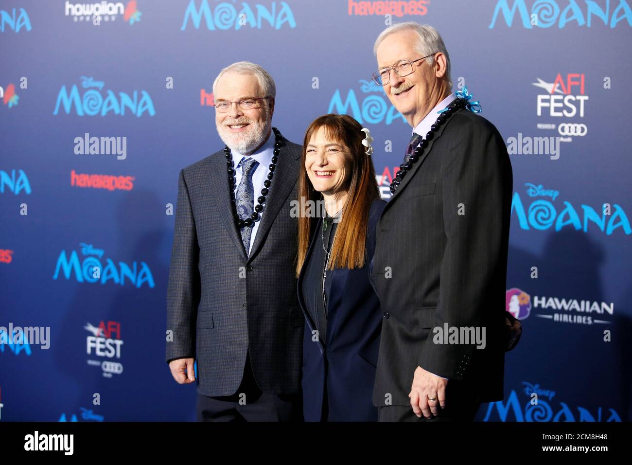 Directors Ron Clements (L) and John Musker (R) pose with producer Osnat Shurer (C) at the world premiere of Walt Disney Animation Studios' 'Moana' as a part of AFI Fest in Hollywood, California, U.S., November 14, 2016. REUTERS/Danny Moloshok Stock Photo