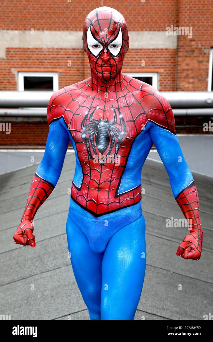 GEEK ART - Bodypainting and Transformaking: Spider-Man photoshooting with Patrick Kiel at the Hefehof in Hamelin on September 15, 2020 - A project by the photographer Tschiponnique Skupin and the bodypainter Enrico Lein Stock Photo
