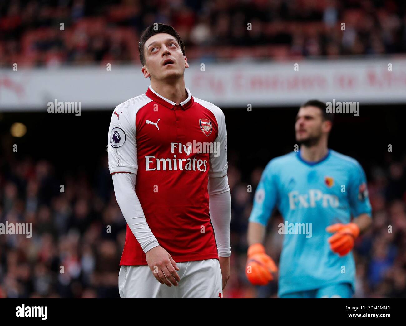 Soccer Football - Premier League - Arsenal vs Watford - Emirates Stadium, London, Britain - March 11, 2018   Arsenal's Mesut Ozil reacts after missing a chance to score               REUTERS/Eddie Keogh    EDITORIAL USE ONLY. No use with unauthorized audio, video, data, fixture lists, club/league logos or "live" services. Online in-match use limited to 75 images, no video emulation. No use in betting, games or single club/league/player publications.  Please contact your account representative for further details. Stock Photo
