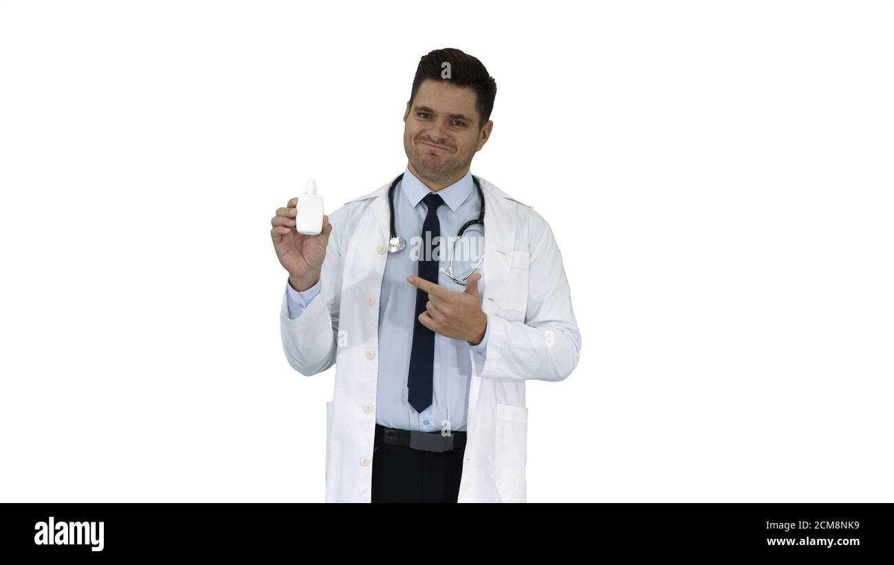 Doctor physician presenting medicine on white background Stock Photo ...