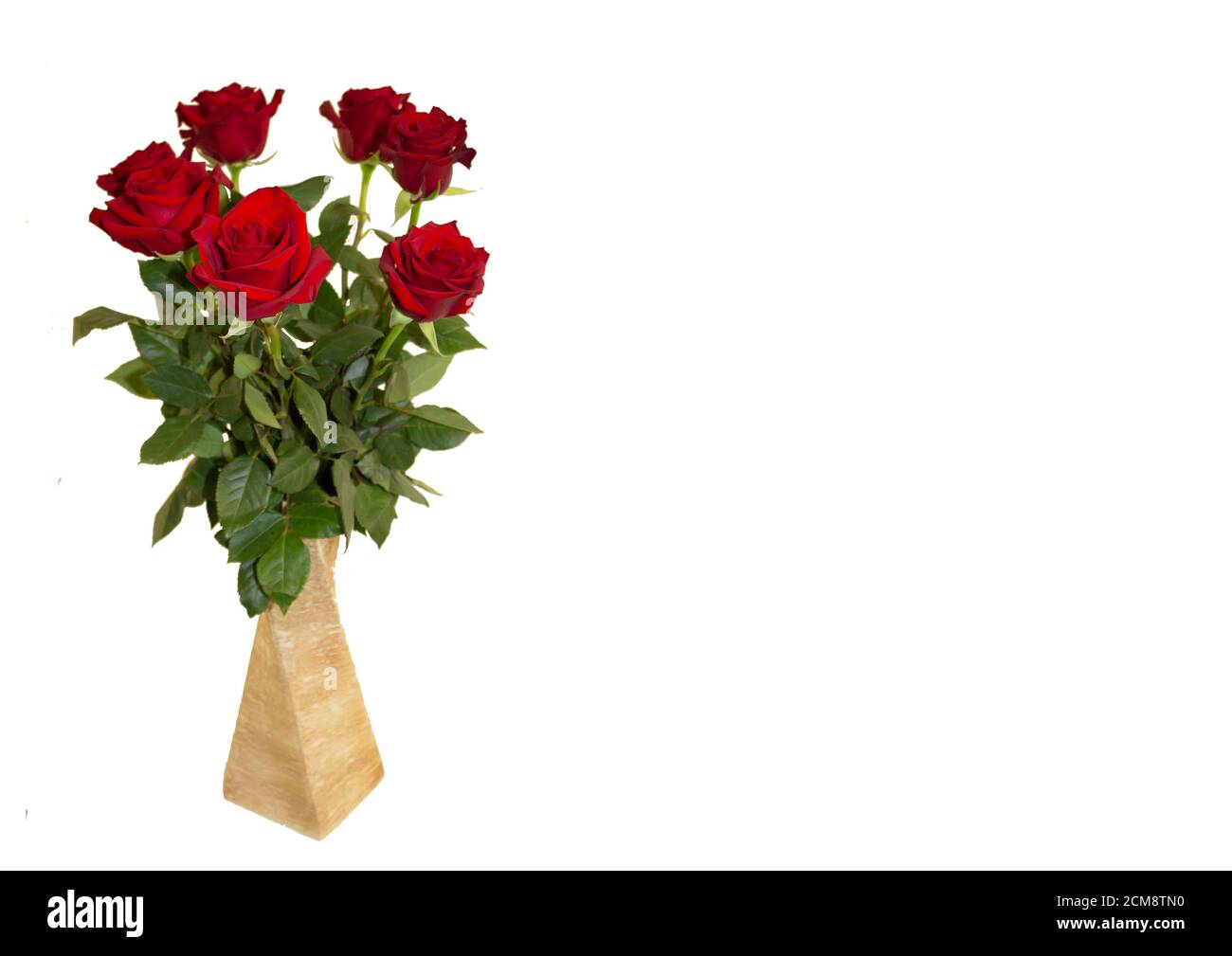 postcard template, copy space with a vase of flowers roses on a white ...