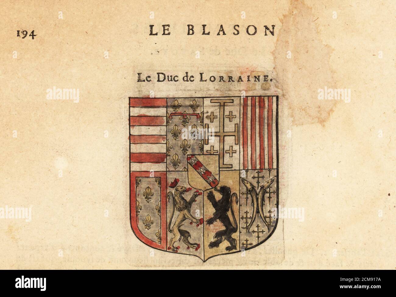 Coat of arms of the Duke of Lorraine. Le Duc de Lorraine, with lion, fleurs- de-lys, corss, fish and crown. Handcoloured woodblock engraving from  Hierosme de Bara's Le Blason des Armoiries, Chez Rolet