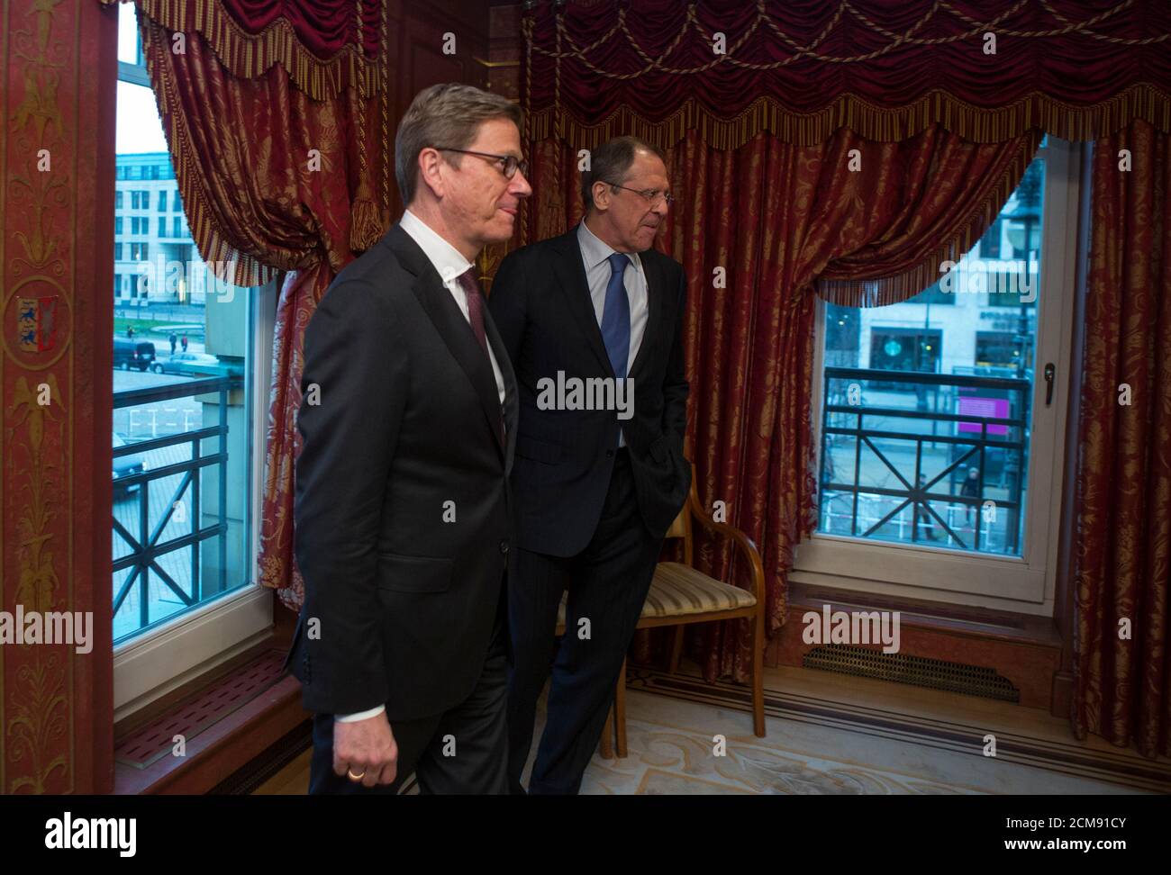 German Foreign Minister Guido Westerwelle (L) meets his Russian counterpart Sergei Lavrov in Berlin February 26, 2013.  REUTERS/Thomas Peter  (GERMANY  - Tags: POLITICS) Stock Photo