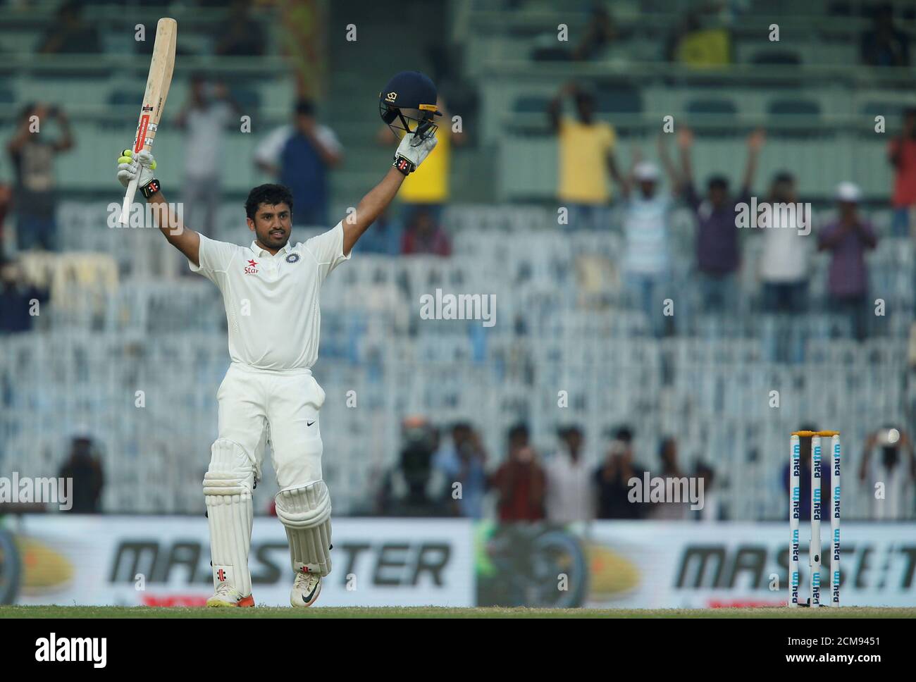 Cricket - India v England - Fifth Test cricket match - MA Chidambaram Stadium, Chennai, India - 19/12/16 - India's Karun Nair celebrates his triple century. REUTERS/Danish Siddiqui Stock Photo
