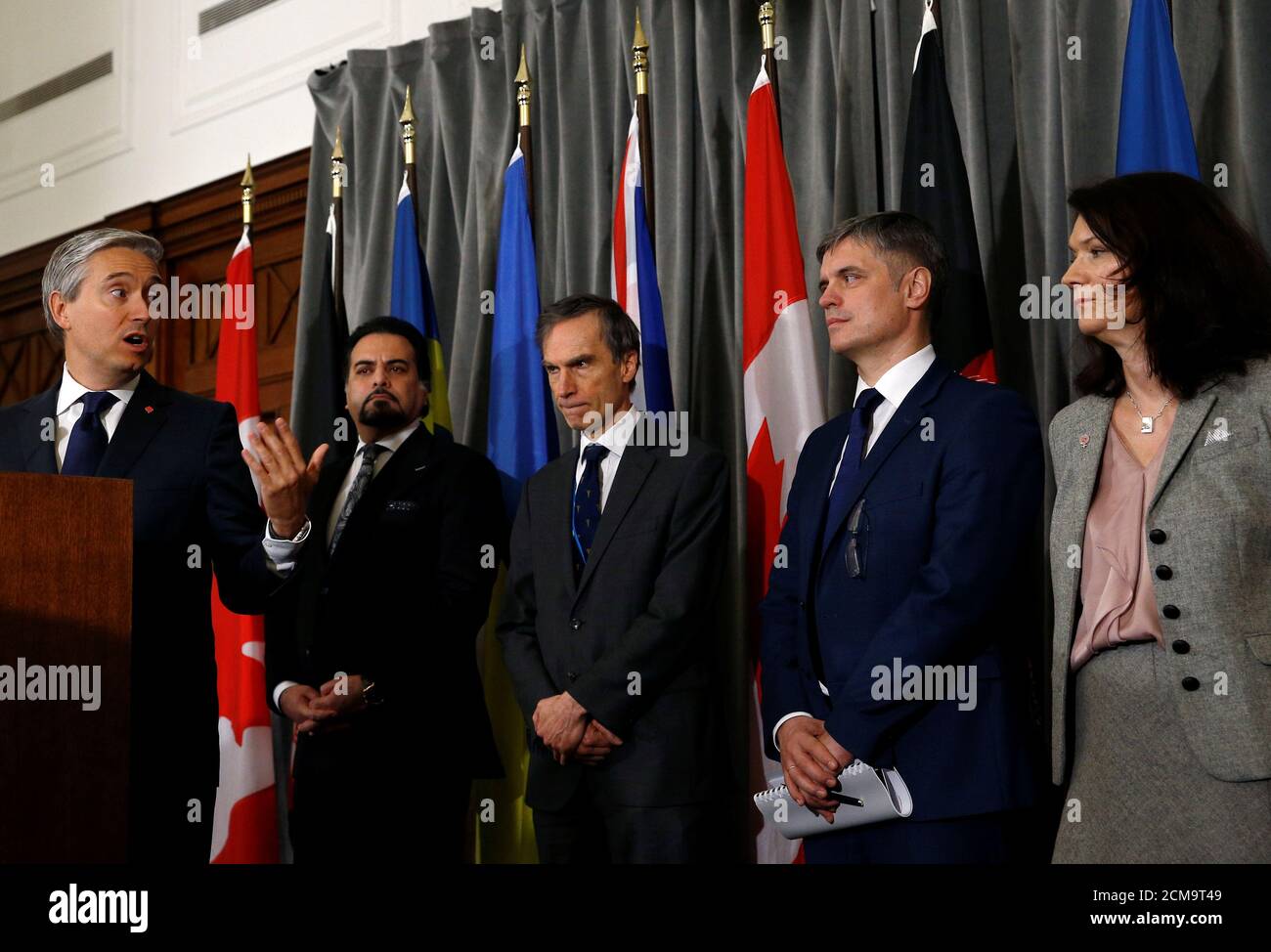 Canada's Minister of Foreign Affairs Francois-Philippe Champagne speaks during a news conference, standing next to Sweden's Foreign Minister Ann Linde, Ukraine's Foreign Minister Vadym Prystaiko, Afghanistan's acting Foreign Minister Idrees Zaman and British MP Andrew Murrison, after a meeting of the International Coordination and Response Group for the families of the victims of the Ukraine International flight which crashed in Iran, at the High Commission of Canada in London, Britain January 16, 2020.     REUTERS/Henry Nicholls Stock Photo