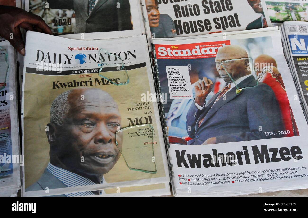 Special edition copies of The Nation newspaper and The Standard are seen display following the death of retired president Daniel Arap Moi, along the Kenyatta Avenue in Nairobi, February