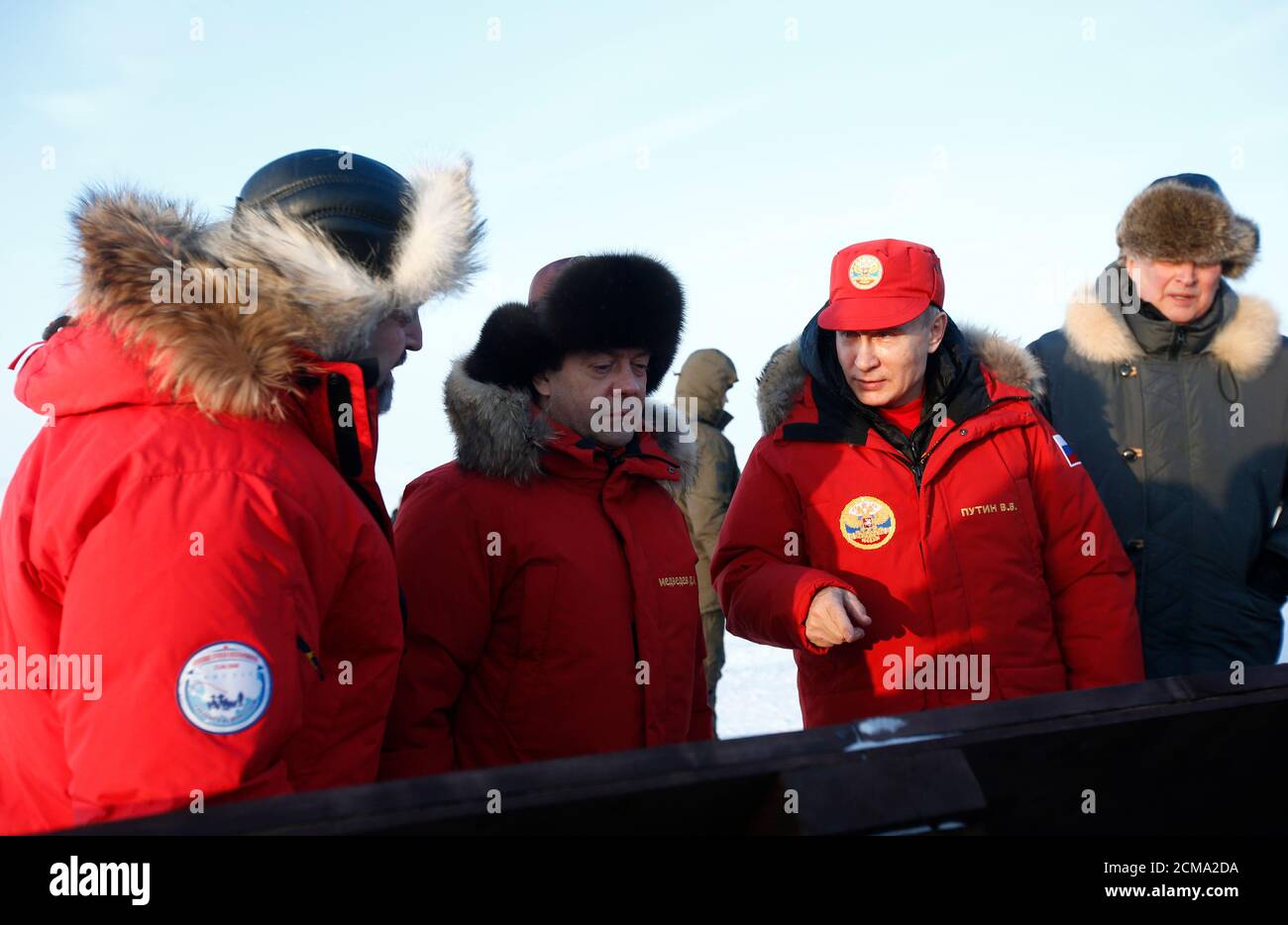 Russian President Vladimir Putin, Prime Minister Dmitry Medvedev, Natural  Resources Minister Sergei Donskoi and Sergei Ivanov, Putin's special  representative on questions of ecology and transport, visit remote Arctic  islands of Franz Josef