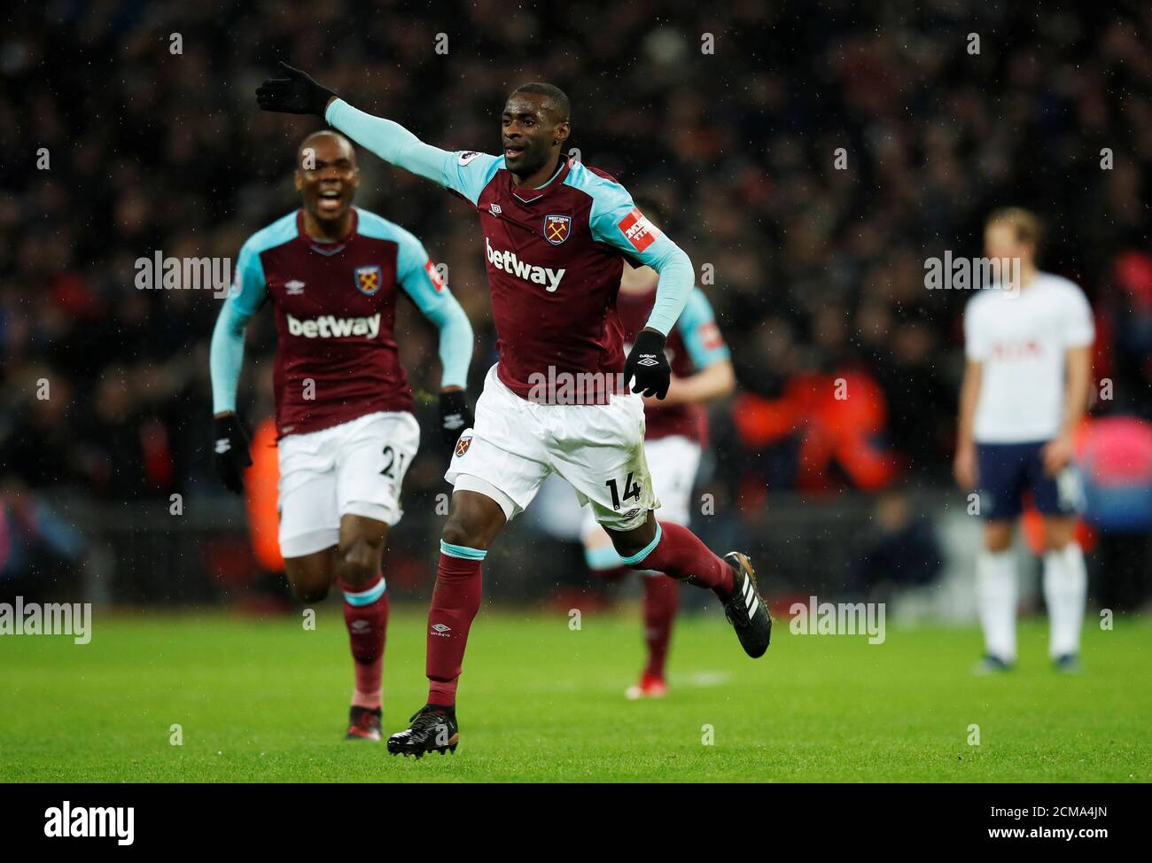 Soccer Football - Premier League - Tottenham Hotspur vs West Ham United - Wembley Stadium, London, Britain - January 4, 2018   West Ham United's Pedro Obiang celebrates scoring their first goal    REUTERS/Eddie Keogh    EDITORIAL USE ONLY. No use with unauthorized audio, video, data, fixture lists, club/league logos or 'live' services. Online in-match use limited to 75 images, no video emulation. No use in betting, games or single club/league/player publications.  Please contact your account representative for further details. Stock Photo
