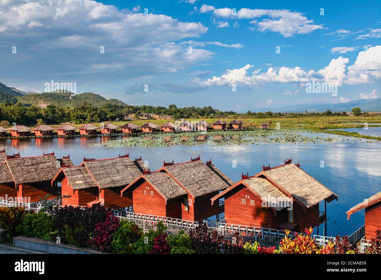 Wooden floating houses on Inle Lake in Shan, Myanmar, former Burma in Asia Stock Photo