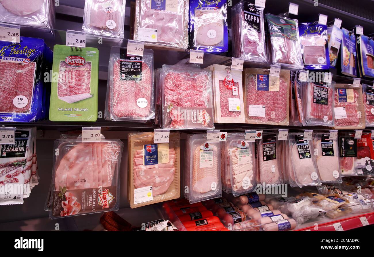 Sausages and meat products are displayed in a refrigerated shelf at a  supermarket of Swiss retailer Denner, as the spread of the coronavirus  disease (COVID-19) continues, in Glattbrugg, Switzerland June 26, 2020.