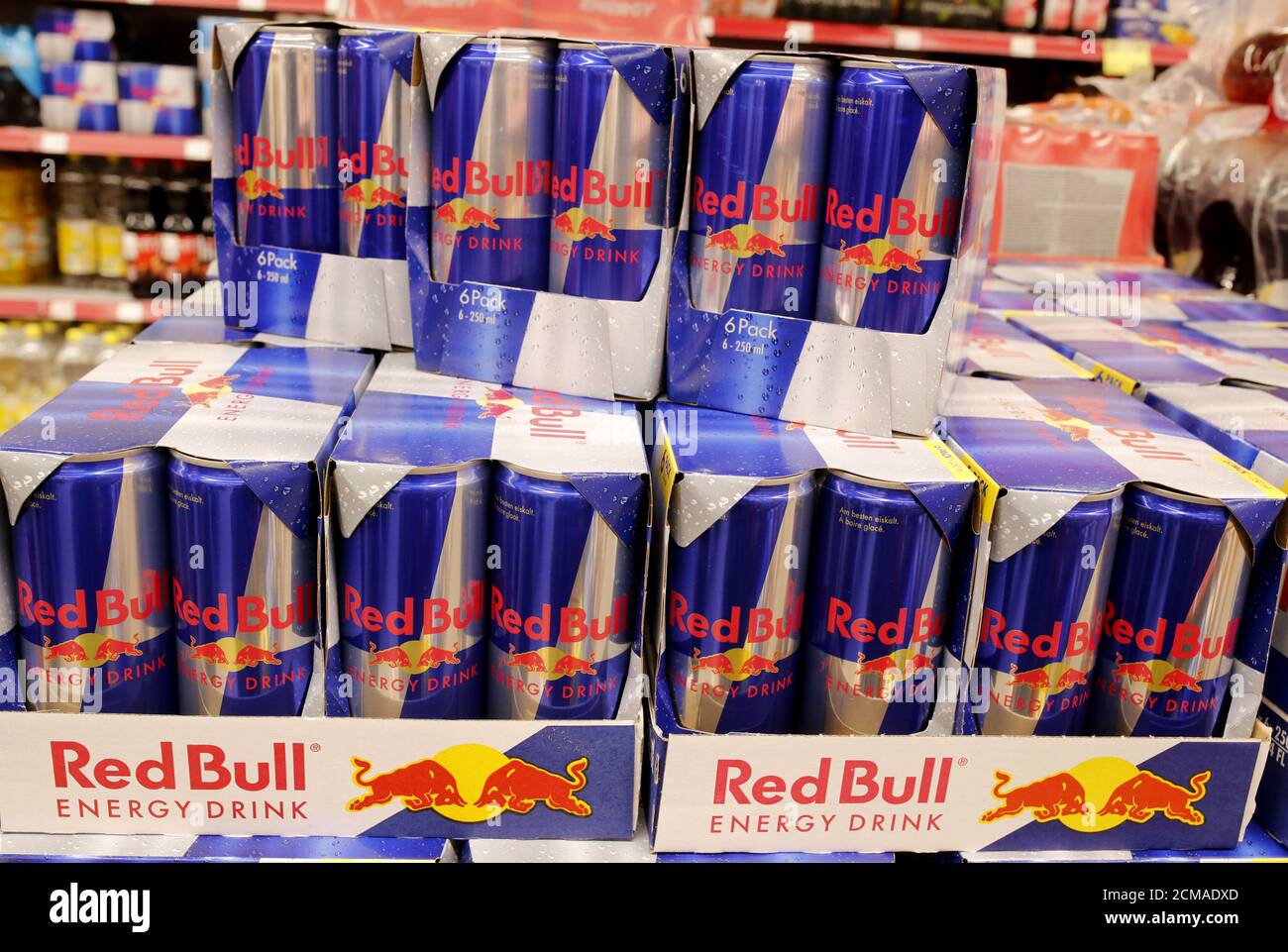 Cans of Red Bull energy drink are displayed at a supermarket of Swiss  retailer Denner, as the spread of the coronavirus disease (COVID-19)  continues, in Glattbrugg, Switzerland June 26, 2020. Picture taken