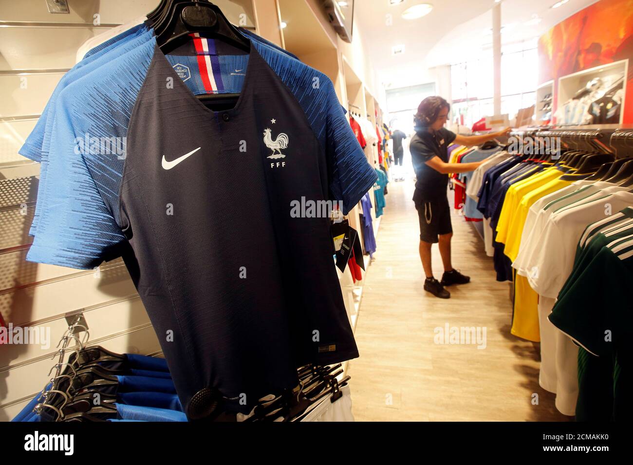 France team soccer jerseys are displayed in a sporting goods store in  Marseille, France, June 8, 2018. French soccer has won one world contest  before its players even fly to Russia for