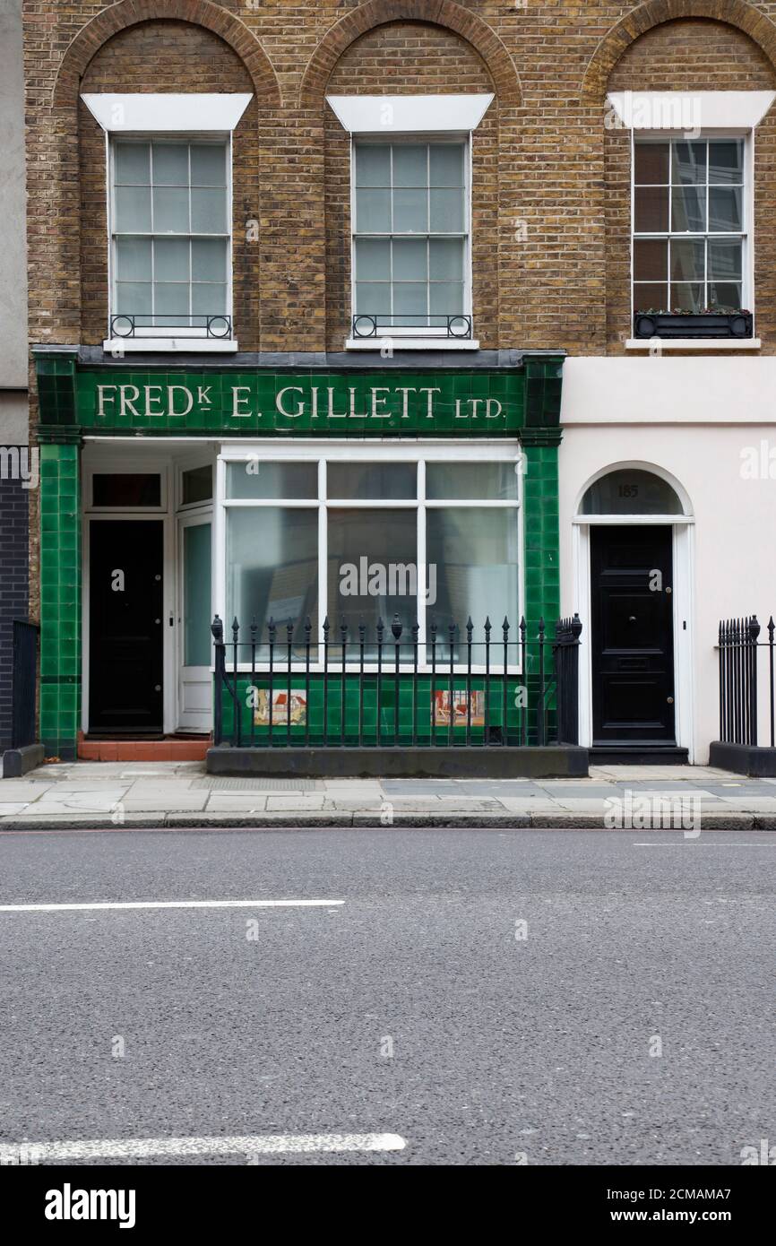 Old shop front for Fredk E Gillett on Vauxhall Bridge Road, Pimlico, London, UK Stock Photo