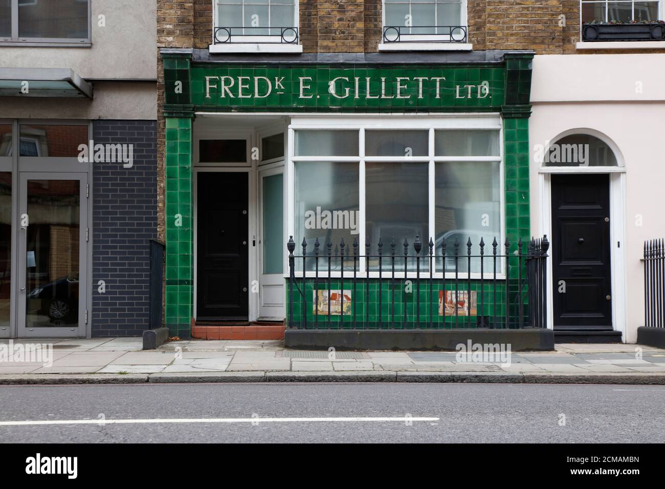 Old shop front for Fredk E Gillett on Vauxhall Bridge Road, Pimlico, London, UK Stock Photo