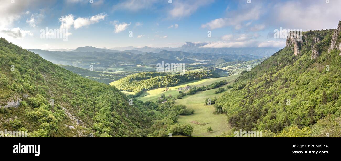 French countryside. Col de Rousset: Panoramic view of the heights of the Vercors, the marly hills and the valley Val de Drome. Stock Photo