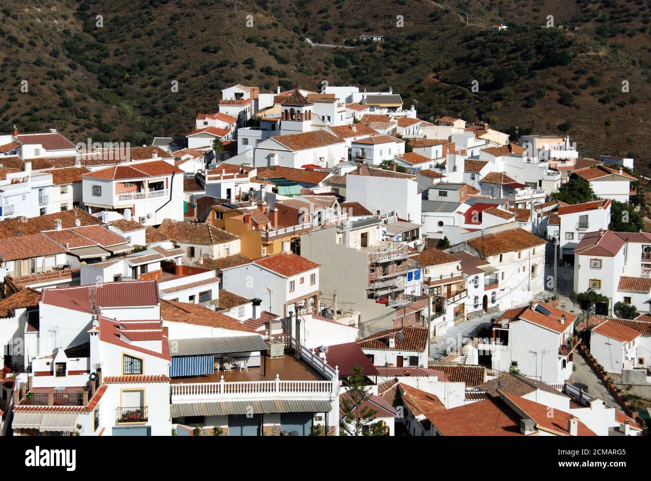Elevated view of a whitewashed village (pueblo blanco), Moclinejo, Costa del Sol, Malaga Province, Andalucia, Spain. Stock Photo