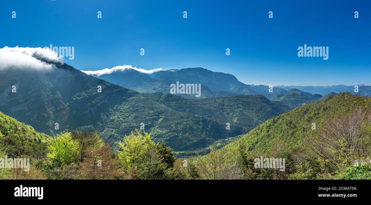 French countryside. Panoramic view of the heights of the Vercors, the marly hills and the valley Val de Drome. Stock Photo