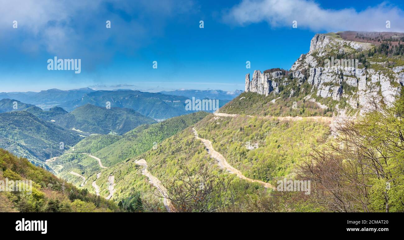 French countryside. Col de Rousset: Panoramic view of the heights of the Vercors, the marly hills and the valley Val de Drome. Stock Photo