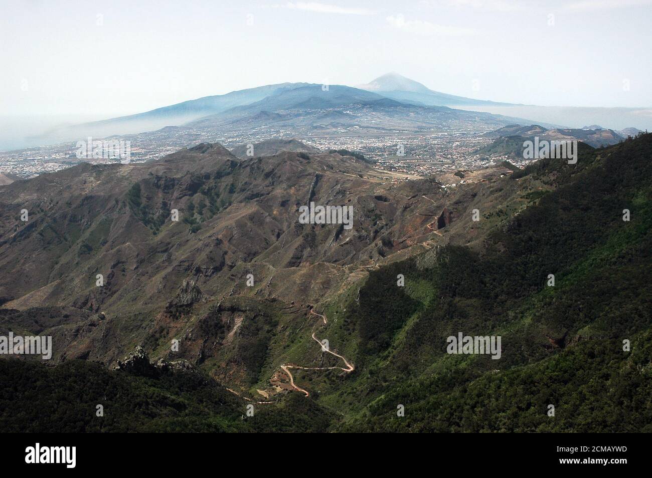 View towards Mount Teide from Pico Ingles, in Anaga Mountains, high altitude panoramic clear perspective spreading over mountains, ravines and forests Stock Photo