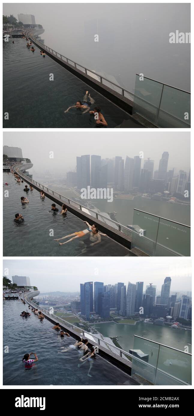 A Combination Photo Shows People Relaxing In An Infinity Pool Overlooking The Skyline Of The Central Business District Shrouded By Haze In Singapore At Around 6pm Local Time September 14 Top Around