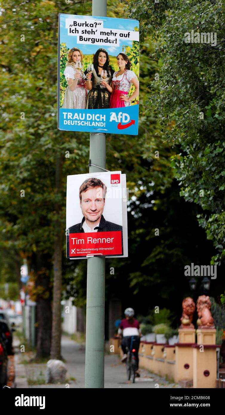 Election campaign posters for the upcoming general elections of the  anti-immigration party Alternative for Germany (AfD) on top and the Social  Democratic Party (SPD) are pictured in Berlin, Germany August 24, 2017.