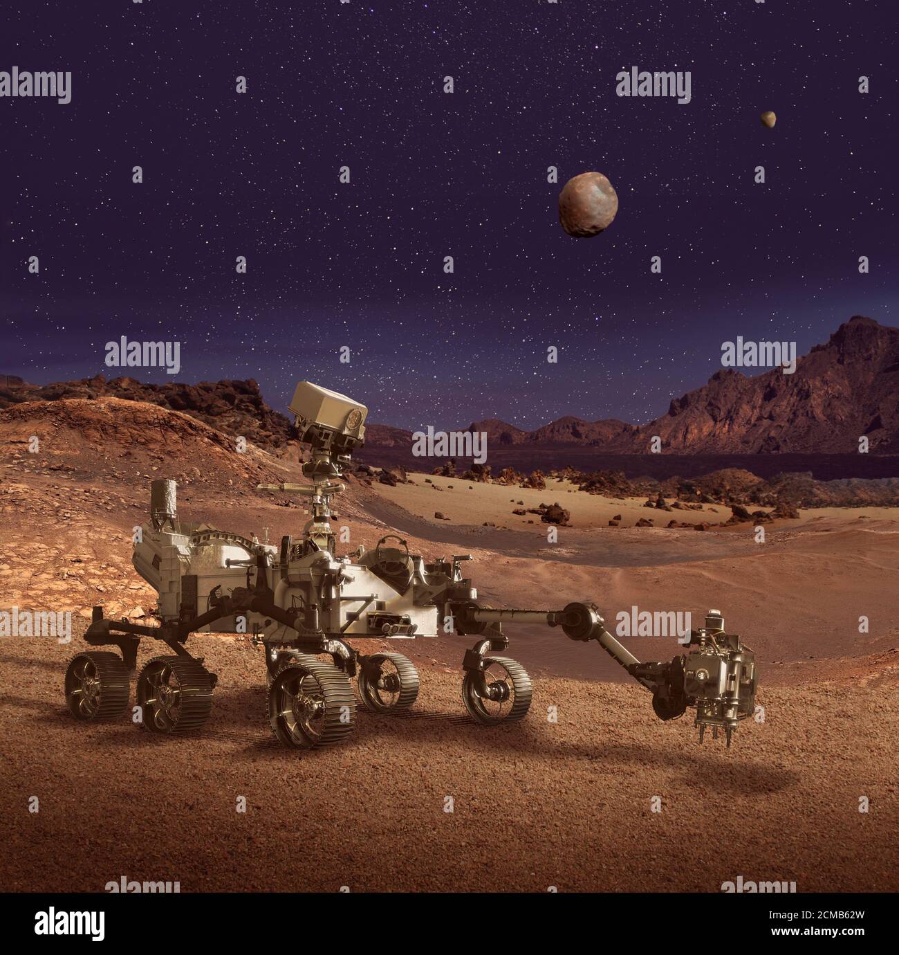 Illustration of Perseverance rover exploring the Planet Mars rocky landscape. Some elements furnished by NASA. Stock Photo