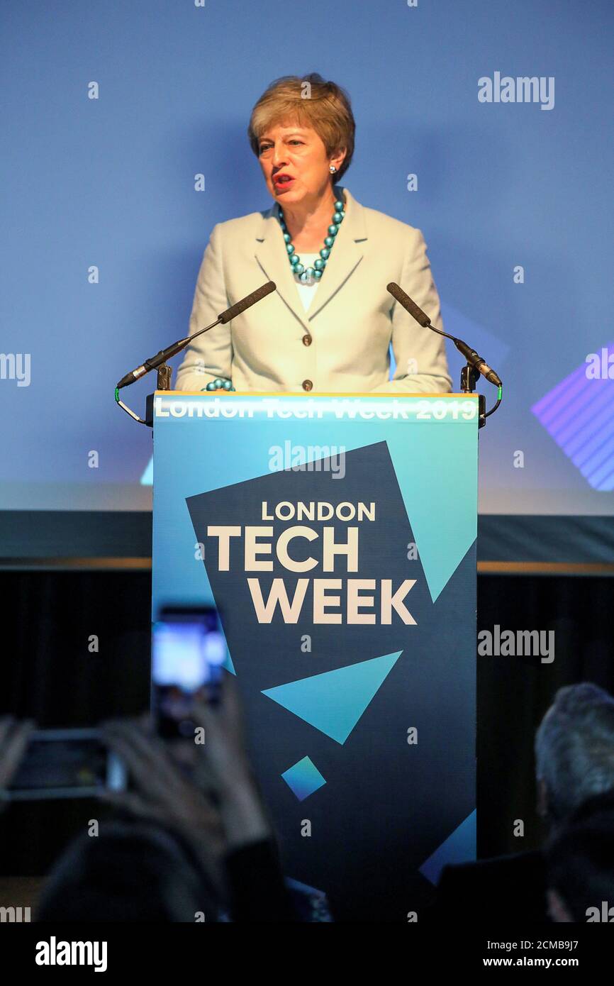 Britain's Prime Minister Theresa May delivers a speech to mark the launch of London Tech Week in London, Britain June 10, 2019. Pool via REUTERS Stock Photo