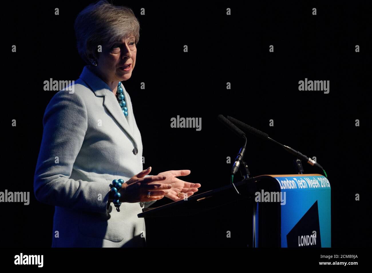 Britain's Prime Minister Theresa May addresses guests with a speech to mark the start of London Tech Week in London, Britain June 10, 2019. Leon Neal/Pool via REUTERS Stock Photo